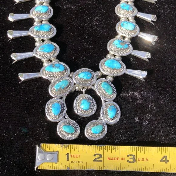 Vintage Sterling Silver Navajo Kingman Turquoise Squash Blossom Necklace Jewelry - Picture 9 of 16